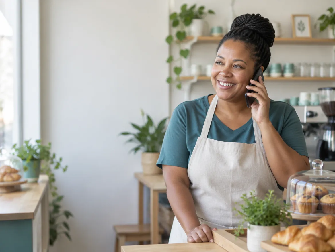 A shop owner smiling while talking on her phone